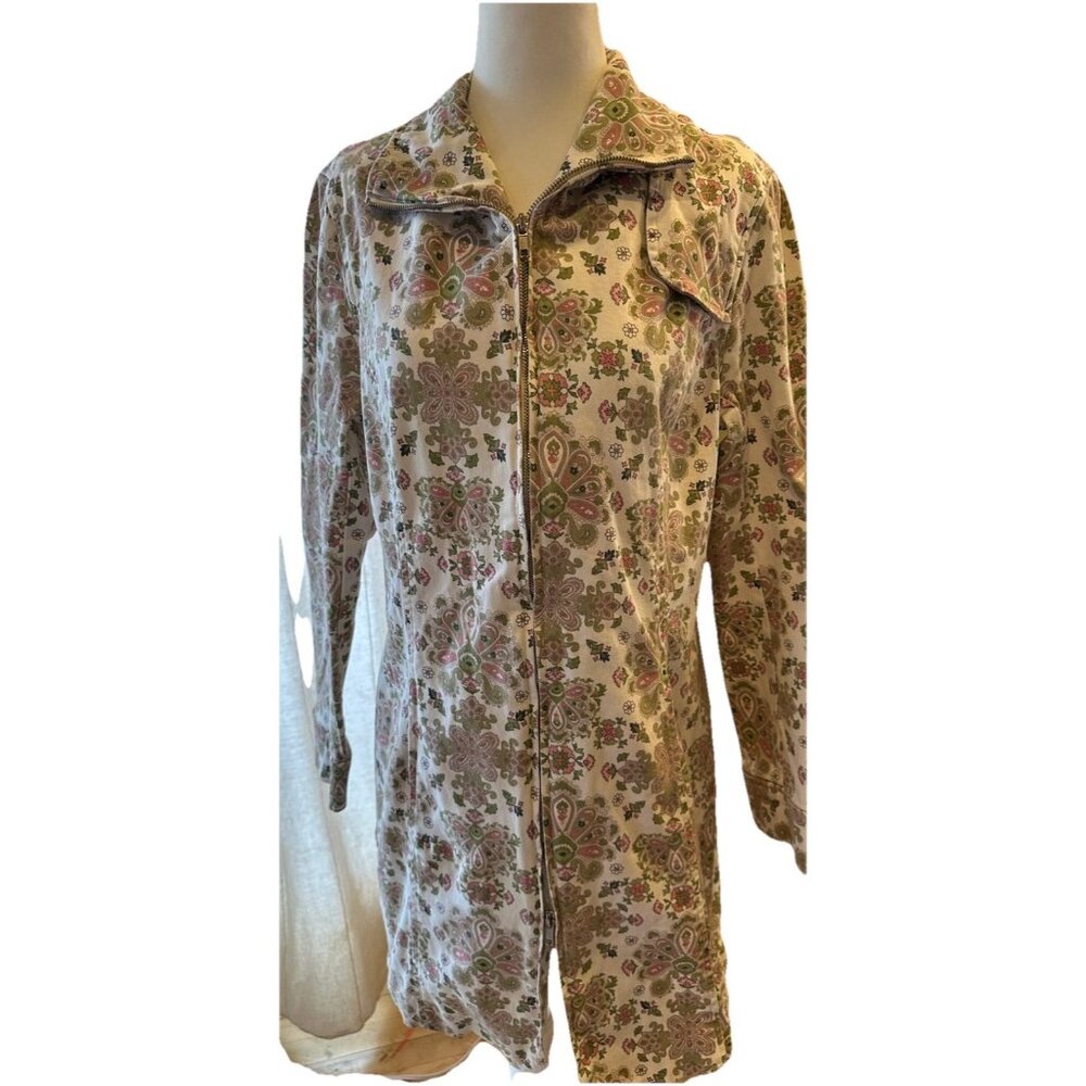 Nicole Miller Floral Canvas Jacket Women's 14 Zipper Cream Pink Green